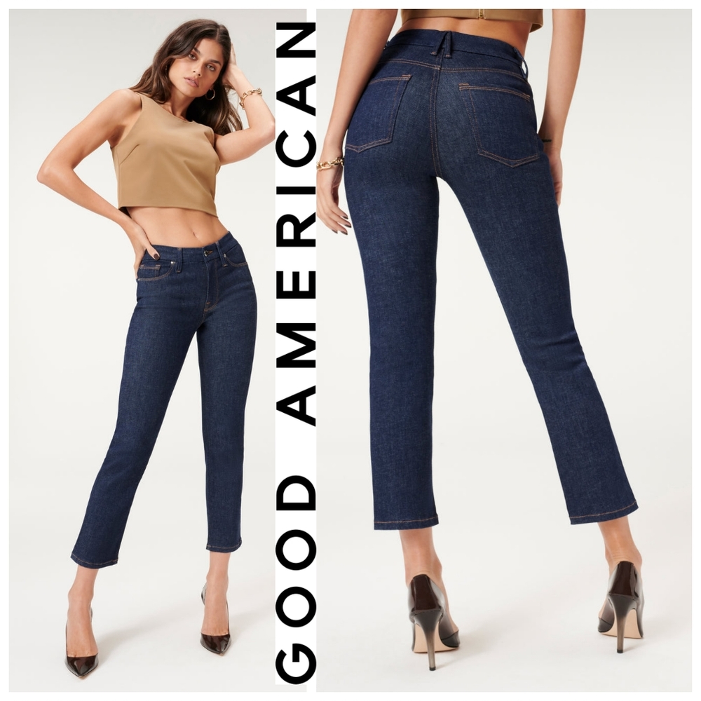 NWT Good American Always Fits Good Legs Straight Jeans in Denethicblue04
